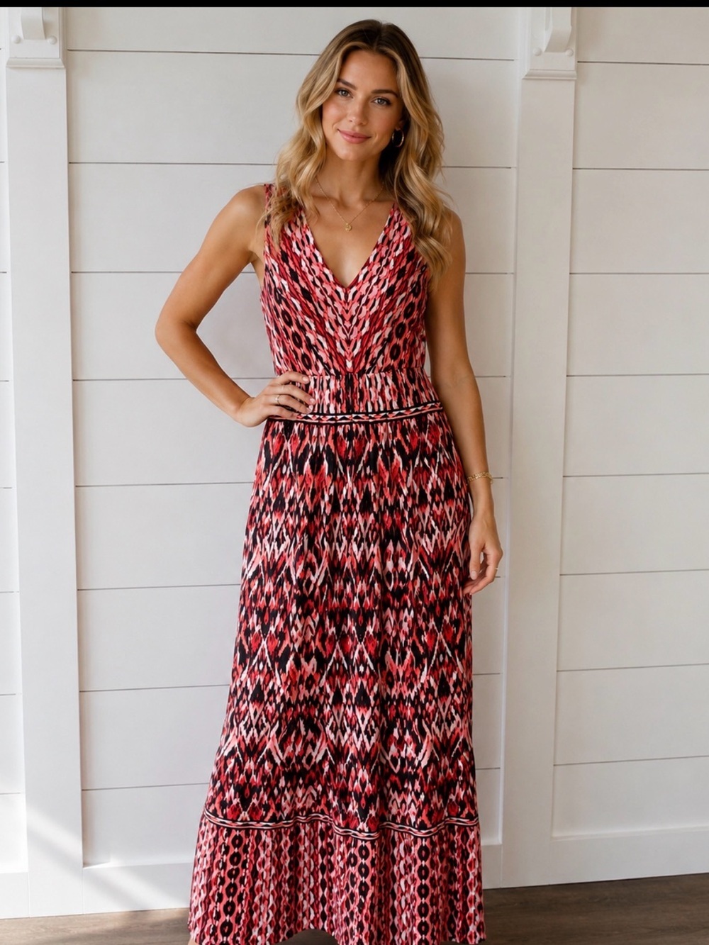 NWT London Times Coral Abstract Print Maxi Dress Size 4 stretch cozy comfort